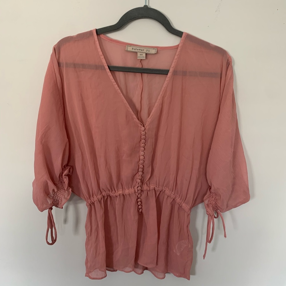 Pink chiffon blouse with button detail and ties